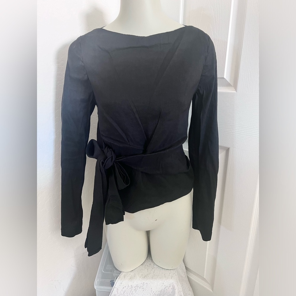 Zara Long Sleeve Blouse Top with tied ribbon on waist